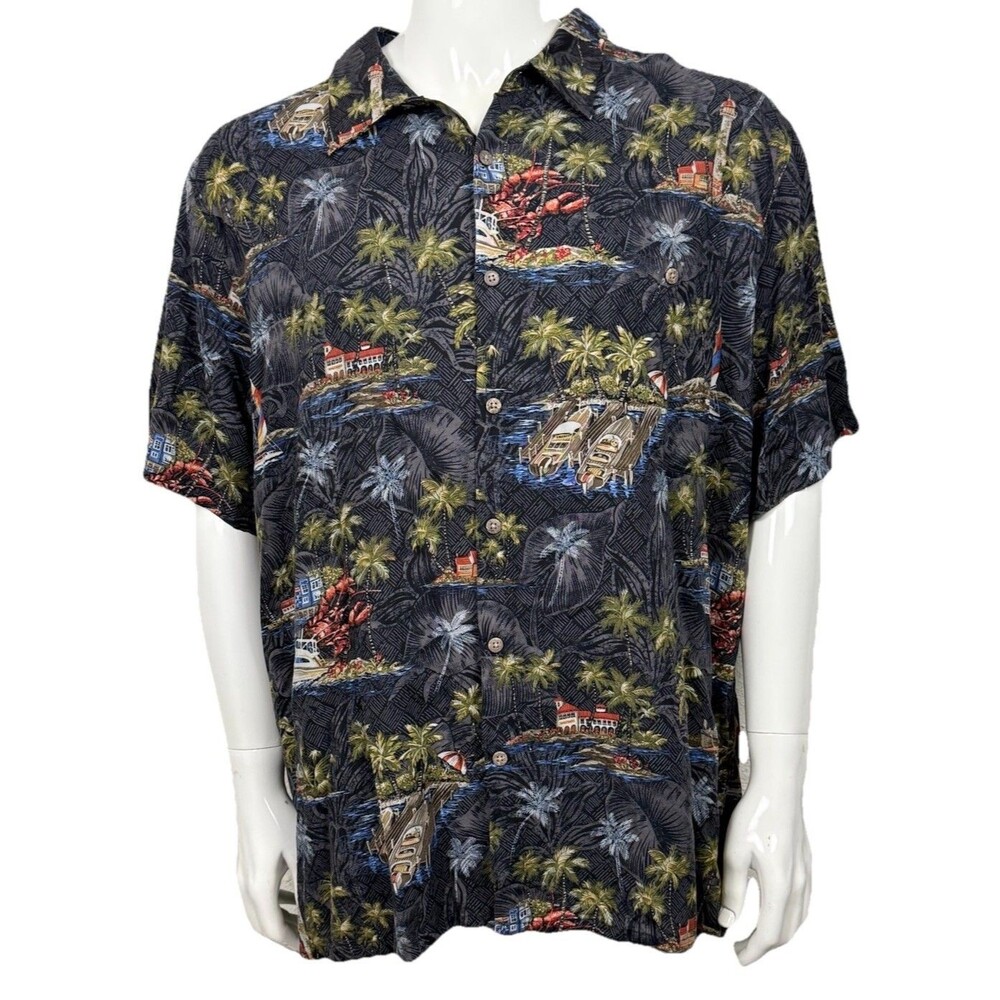 Batik Bay Hawaiian Shirt XXL Vintage Y2K Blue Tropical Palms Fishing Boat Marina